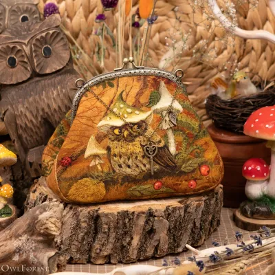 “Mushroom Capped Owl” Cotton Kiss Clasp Pouch