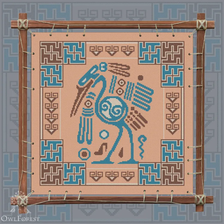 Digital embroidery chart “Mesoamerican Motifs. Heron” 3 colors