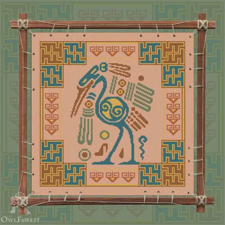 Digital embroidery chart “Mesoamerican Motifs. Heron” 5 colors