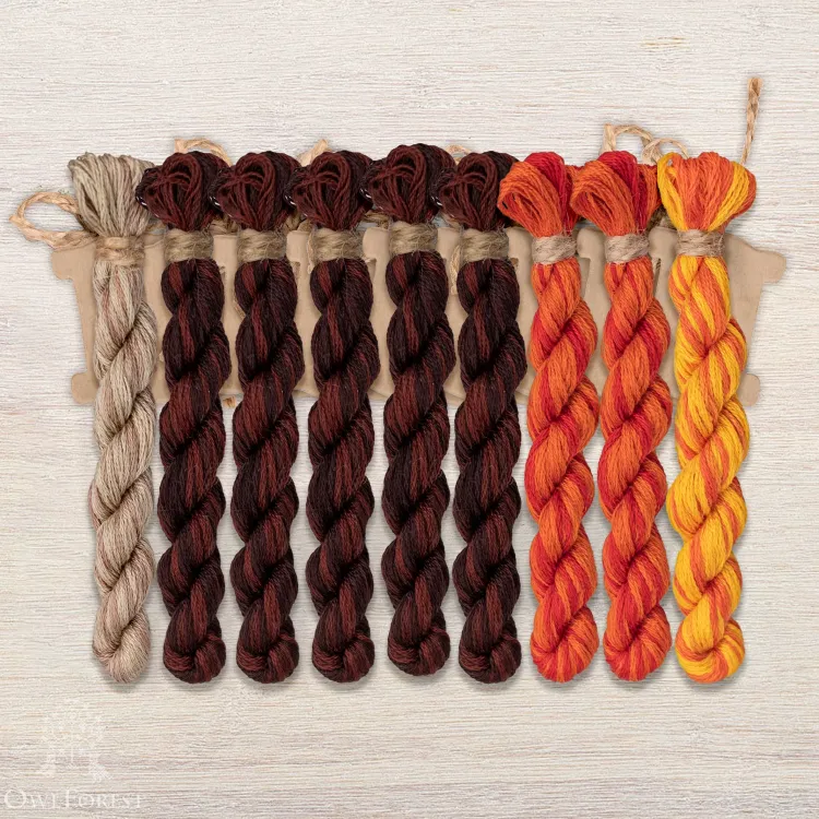 Set of OwlForest Hand-Dyed Threads for the “The Cat and the Ornithology” Chart (DMC)