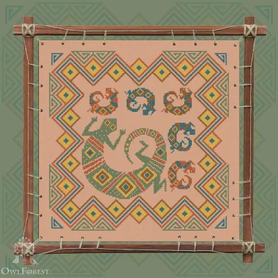 Digital embroidery chart “Mesoamerican Motifs. Lizards” 5 colors