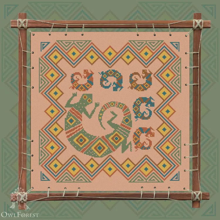Digital embroidery chart “Mesoamerican Motifs. Lizards” 5 colors