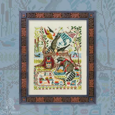 Embroidery kit “Forest Houses. Racoons”