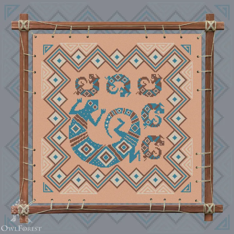 Printed embroidery chart “Mesoamerican Motifs. Lizards” 3 colors