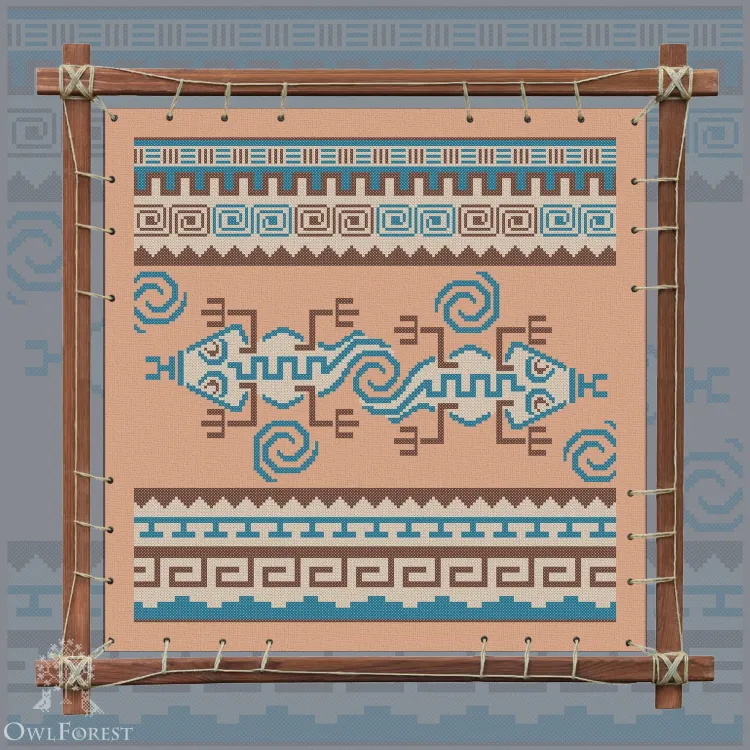 Digital embroidery chart “Mesoamerican Motifs. Geckos” 3 colors