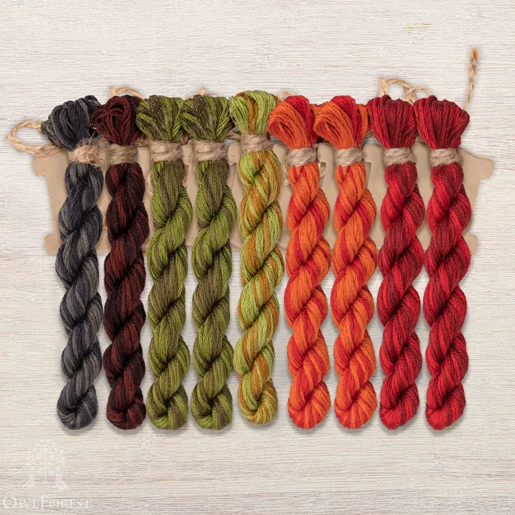 Set of OwlForest Hand-Dyed Threads for the “The Cat and the Flouriculture” Chart (DMC)