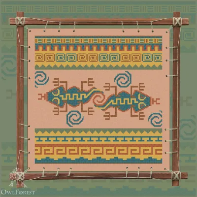 Digital embroidery chart “Mesoamerican Motifs. Geckos” 5 colors