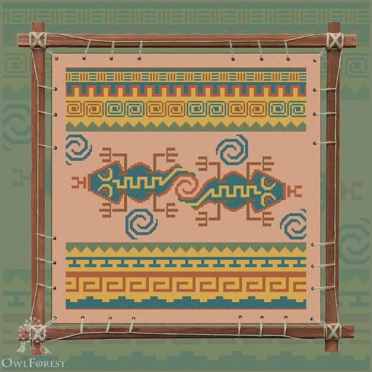 Digital embroidery chart “Mesoamerican Motifs. Geckos” 5 colors
