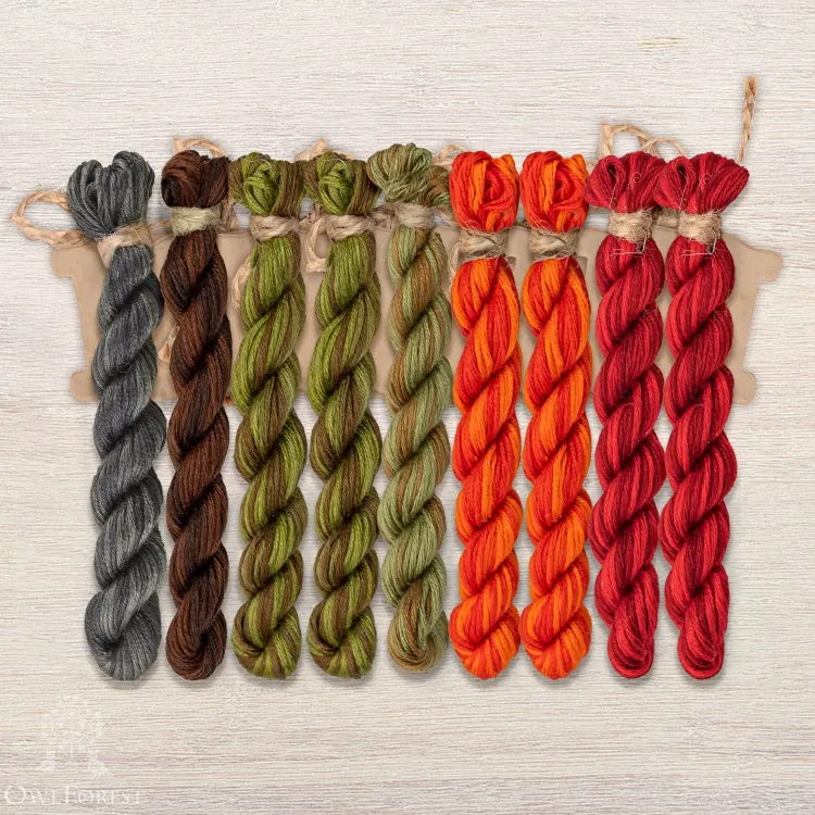 Set of OwlForest Hand-Dyed Threads for the “The Cat and the Flouriculture” Chart (Thread Trade n.a. Kirov)