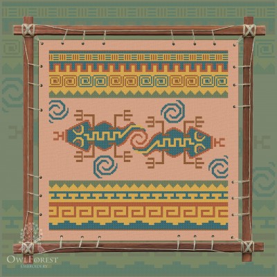 Printed embroidery chart “Mesoamerican Motifs. Geckos” 5 colors