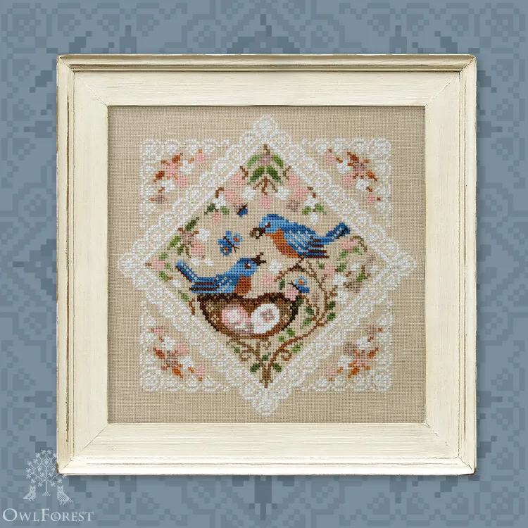Printed embroidery chart “Lace Framed Birds. Bluebirds”