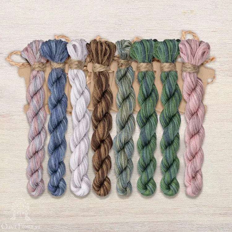 Set of OwlForest Hand-Dyed Threads for the “Pearl Bird Night Songs” Chart (DMC)