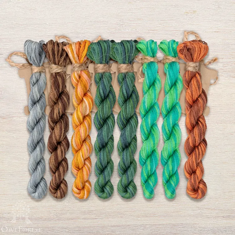 Set of OwlForest Hand-Dyed Threads for the “Emerald Bird Night Songs” Chart (DMC)