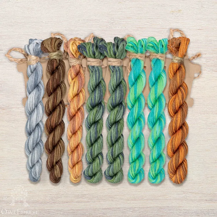 Set of OwlForest Hand-Dyed Threads for the “Emerald Bird Night Songs” Chart (Thread Trade n.a. Kirov)