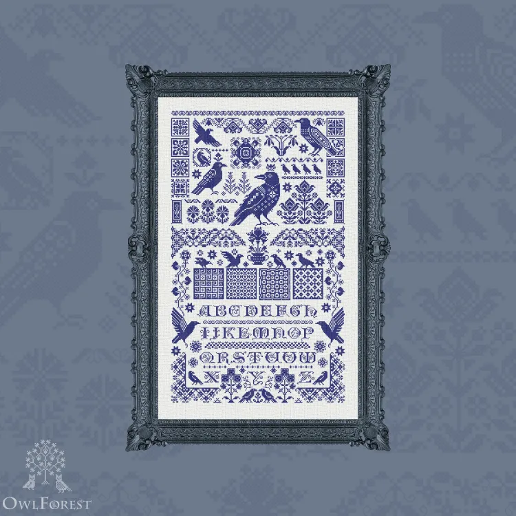Digital embroidery chart “Raven Sampler” Latin Letters