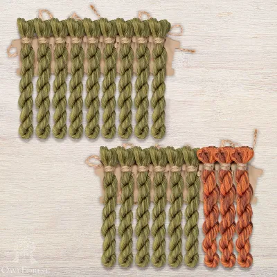 Special set of OwlForest Hand-Dyed Threads for the “Sampler with Acorns” (DMC) two-color Option