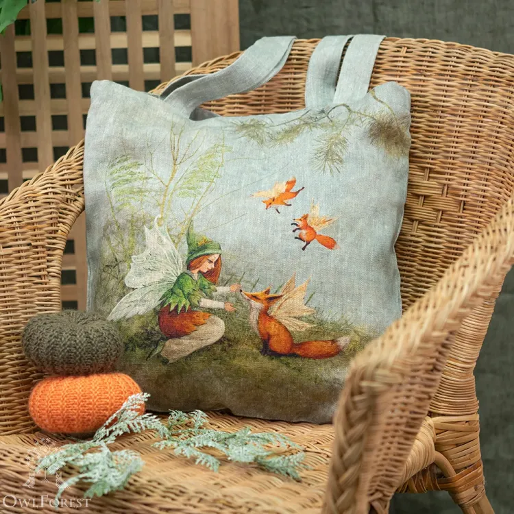 “Fairy and Foxes” Linen Shopping Bag 