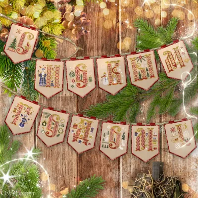 Set of digital charts of New Year Pennants with Russian Letters