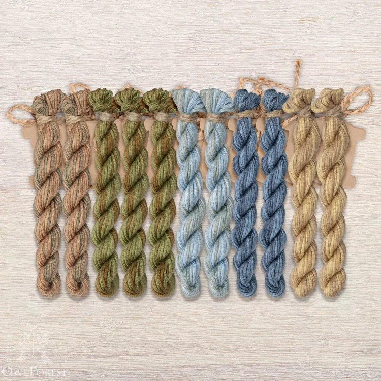 Set of OwlForest Hand-Dyed Threads for the “Unicorn Band Sampler” (Thread Trade n.a. Kirov) 