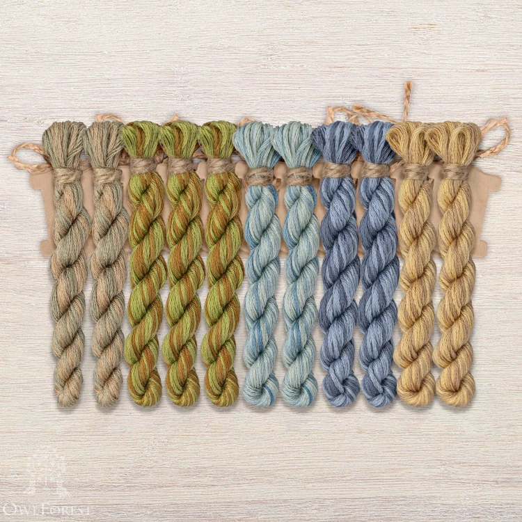 Set of OwlForest Hand-Dyed Threads for the “Unicorn Band Sampler” (DMC) 