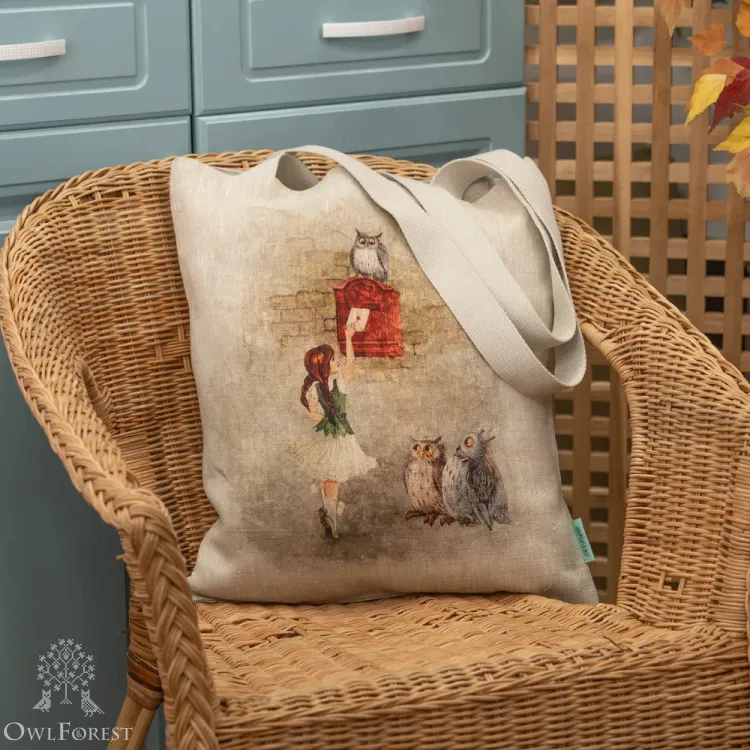 “Postal Owls” Linen Shopping Bag 