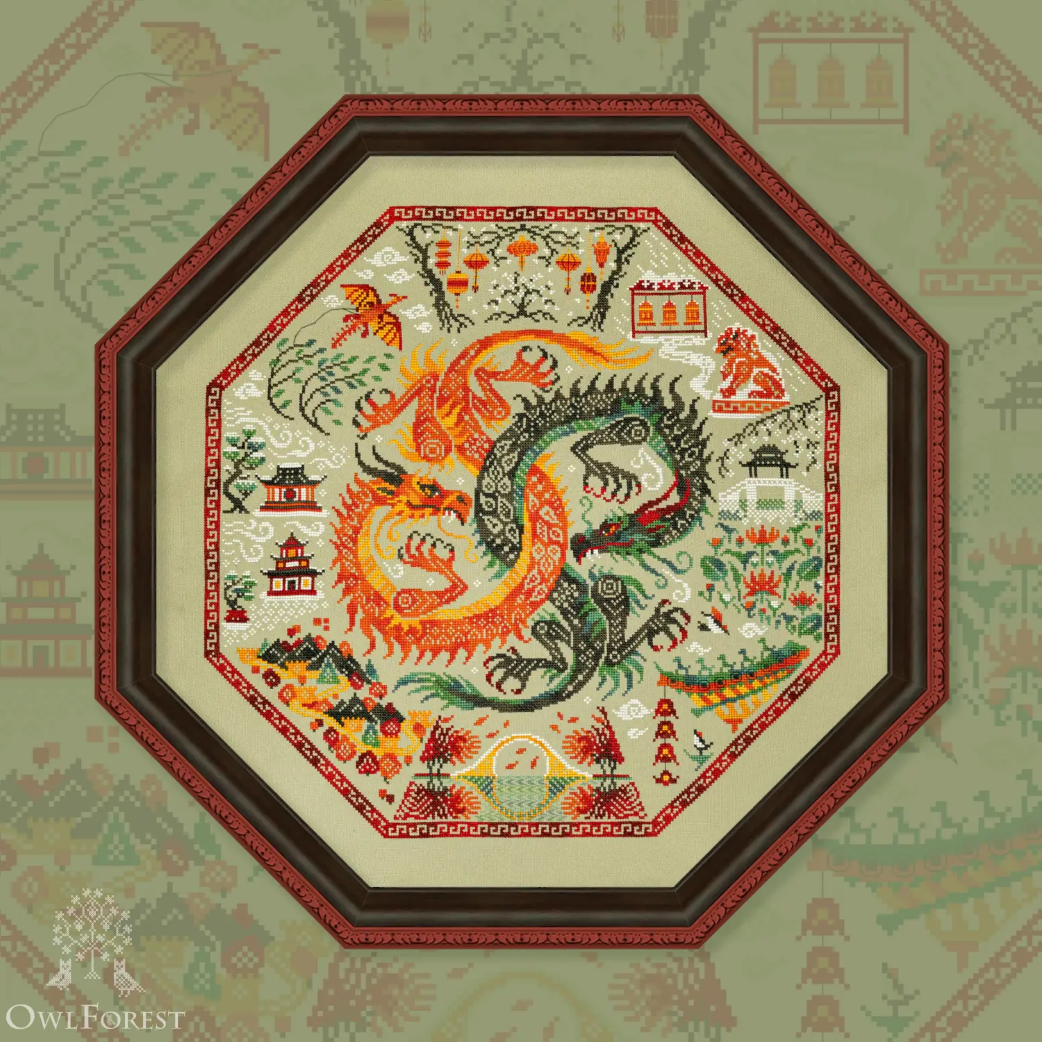Kit Broderie Point De Croix Abillyn - Deux Dragons Noirs Et Blancs, Tissu Pré-imprimé 11ct 40x50cm Débutant