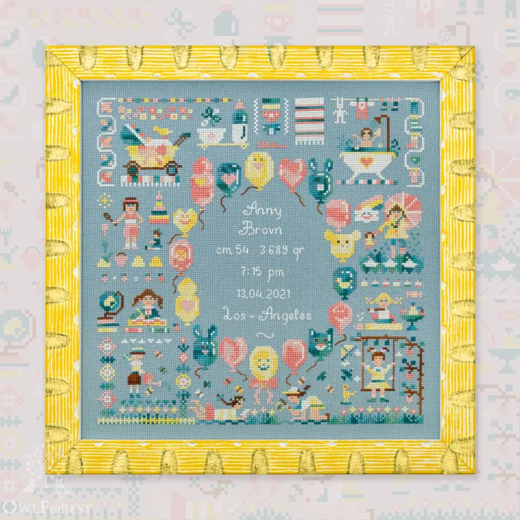 Printed embroidery chart “Happy Childhood. Birth Sampler for Girls”