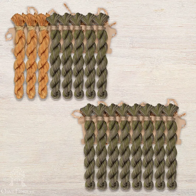 Set of OwlForest Hand-Dyed Threads for the “Sampler with Acorns” (DMC) two-color Option