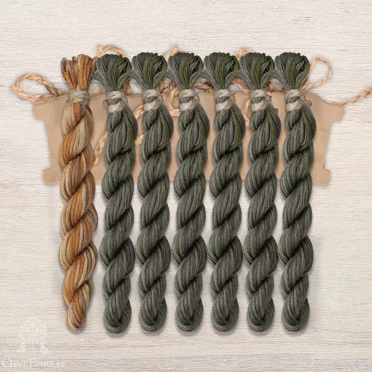 Set of OwlForest Hand-Dyed Threads for the “Sampler with Acorns” (Thread Trade n.a. Kirov) two-color Option 