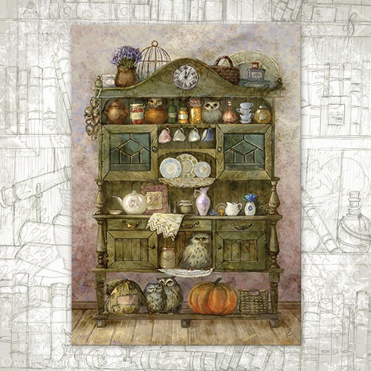 “Cupboard with Owls” Postcard