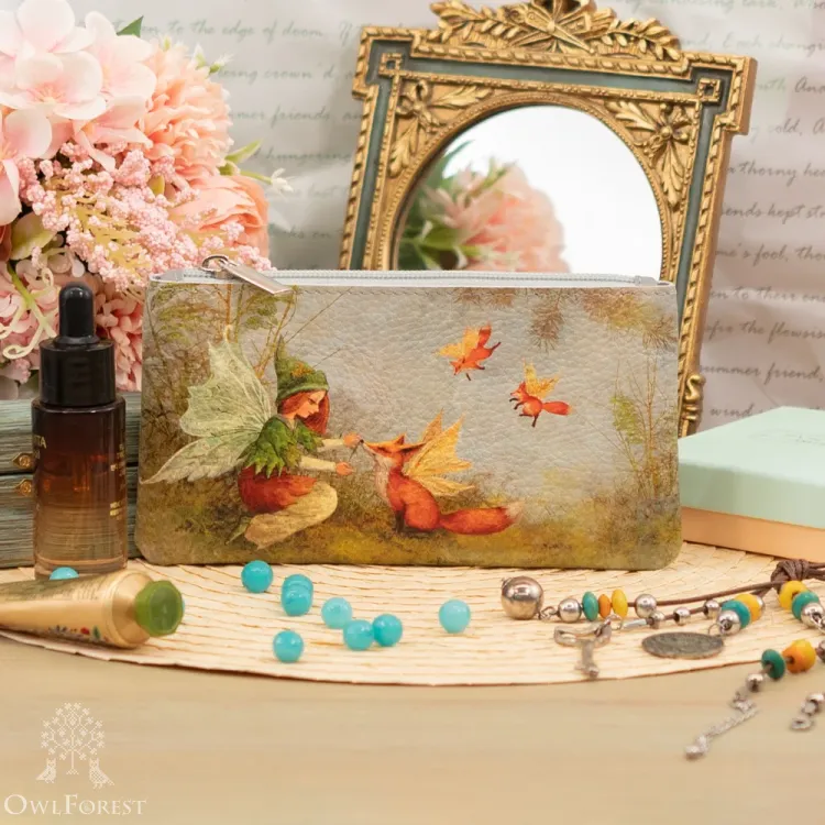 “Fairy and Foxes” Leather Zipper Pouch