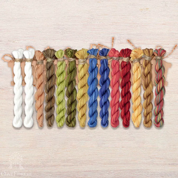Set of OwlForest Hand-Dyed Threads for the “Dining Negotiant” or “Russian Lunchtime” Chart (Thread Trade n.a. Kirov)
