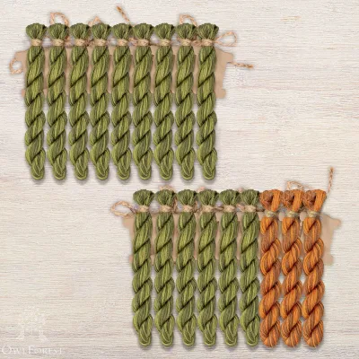 Special set of OwlForest Hand-Dyed Threads for the “Sampler with Acorns” (Thread Trade n.a. Kirov) two-color Option