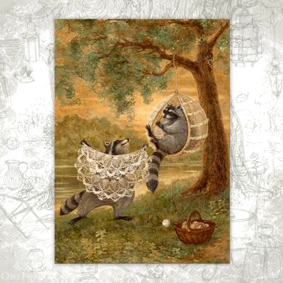 “Crocheting Raccoons” Postcard