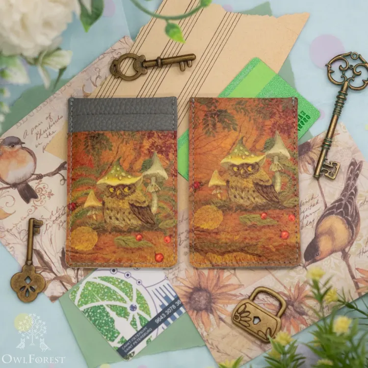 “Owl in Mushroom Cap” Leather Cardholder