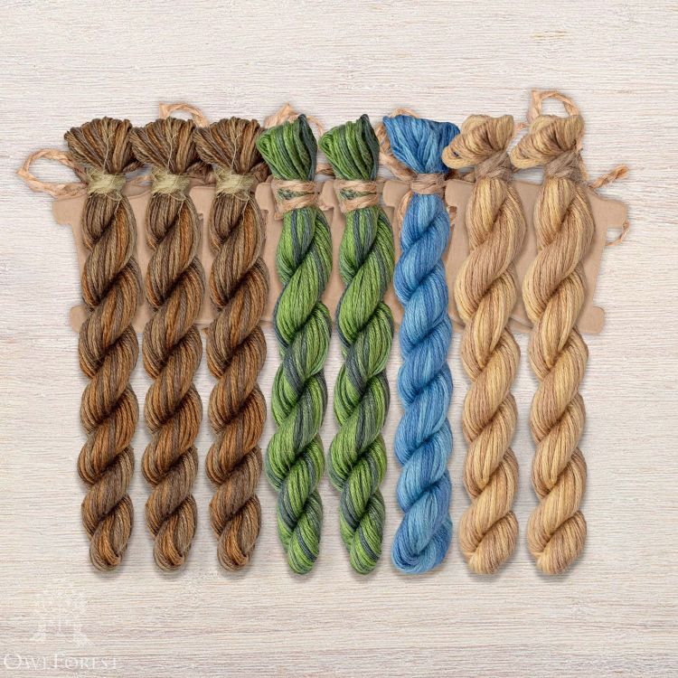 Set of OwlForest Hand-Dyed Threads for the “Turquoise Bird Night Songs” Chart (Thread Trade n.a. Kirov)