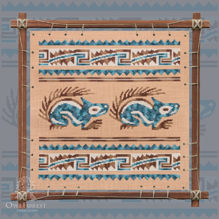 Digital embroidery chart “Mesoamerican Motifs. Squirrels” 3 colors