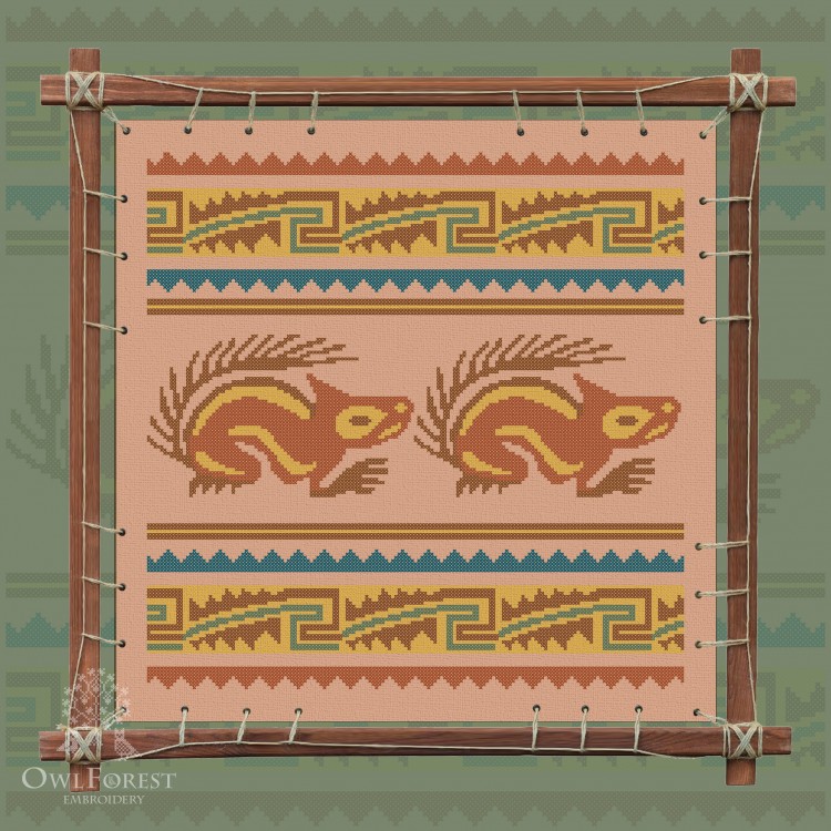 Digital embroidery chart “Mesoamerican Motifs. Squirrels” 5 colors