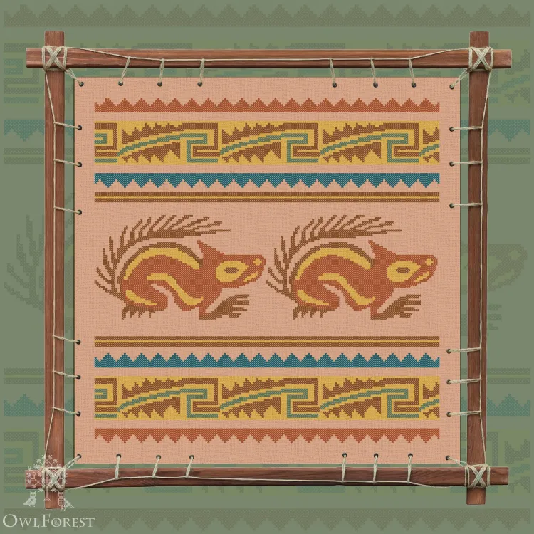 Digital embroidery chart “Mesoamerican Motifs. Squirrels” 5 colors