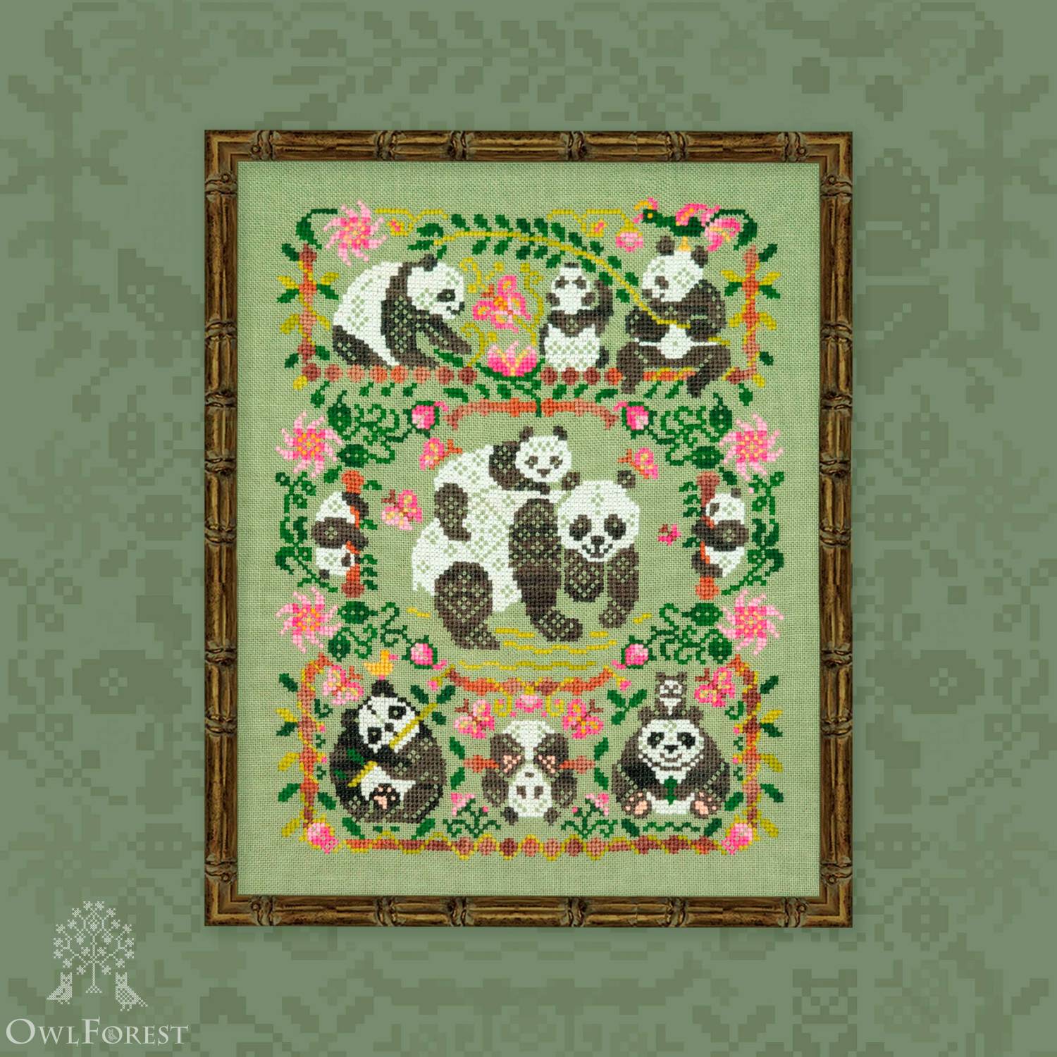 Printed embroidery chart Cute Pandas Owlforest Embroidery