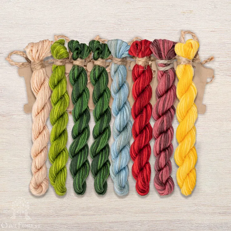 Set of OwlForest Hand-Dyed Threads for the “Oyster Shroom Theater” Chart (Thread Trade n.a. Kirov)