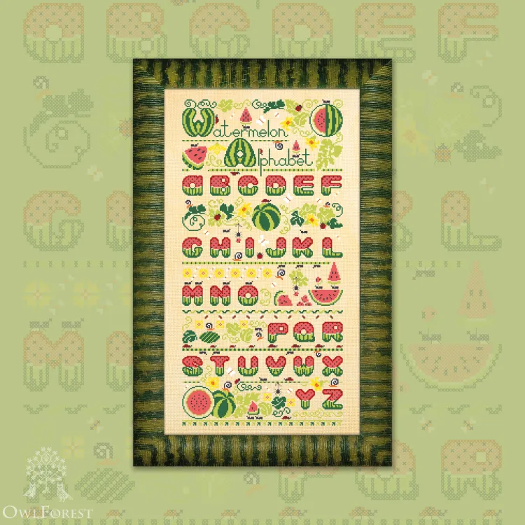 Digital embroidery chart “Watermelon Alphabet” Latin Letters