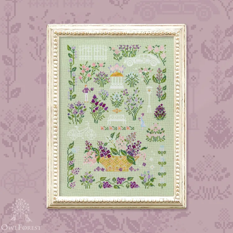 Digital embroidery chart “Lilac Garden Rendezvous” – Owlforest Embroidery
