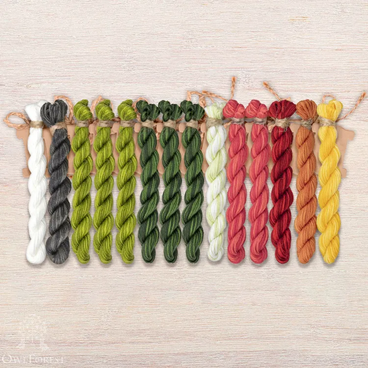 Set of OwlForest Hand-Dyed Threads for the “Watermelon Alphabet” Latin Letters Chart (Thread Trade n.a. Kirov)