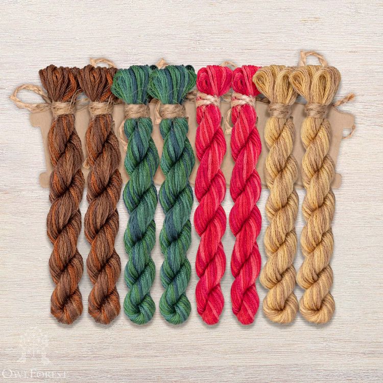 Set of OwlForest Hand-Dyed Threads for the “Pomegranate Bird Night Songs” Chart (DMC)