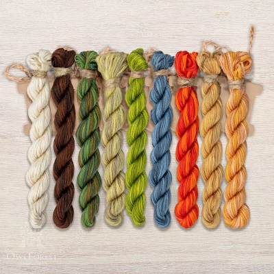 Set of OwlForest Hand-Dyed Threads for “The Little Wood Folk. Frog” Chart (Thread Trade n.a. Kirov)